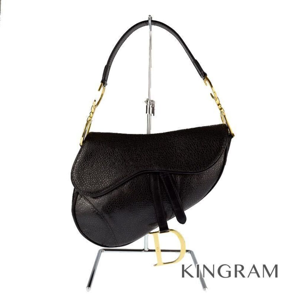 Christian Dior Saddle Bag Lizard Embossed Charm Black Gold Leather Shoulder gi